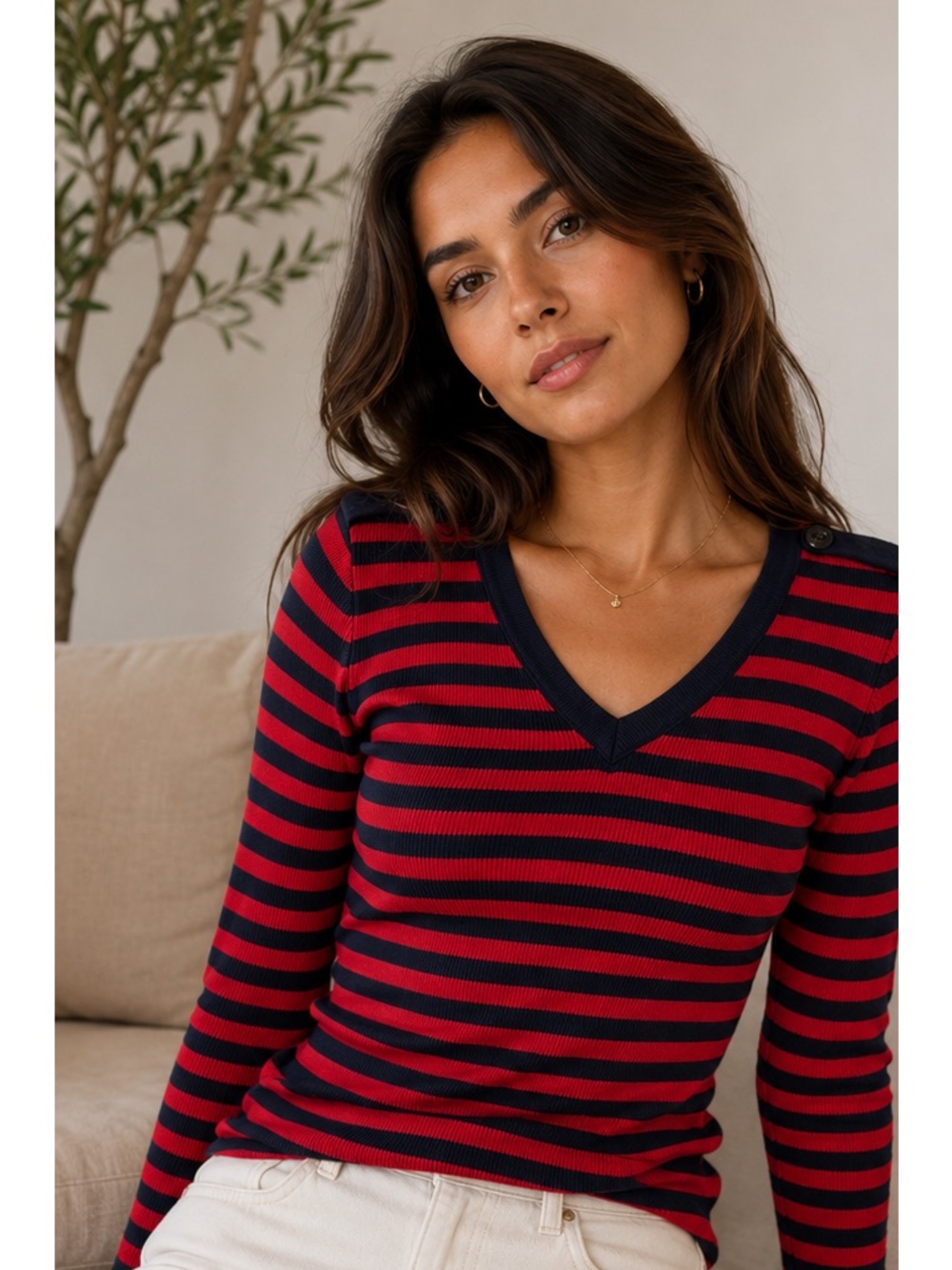 Ralph Lauren Vintage Red and Navy Striped V‑Neck Long Sleeve lightweight sweater